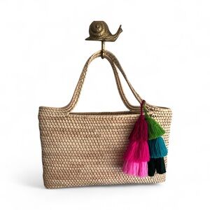 Woven Tan Tote Bag with Colorful Tassels